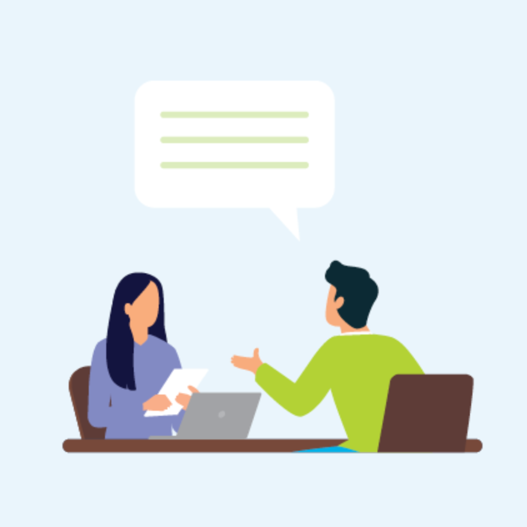 Illustratie van twee personen die aan tafel met elkaar in gesprek zijn.