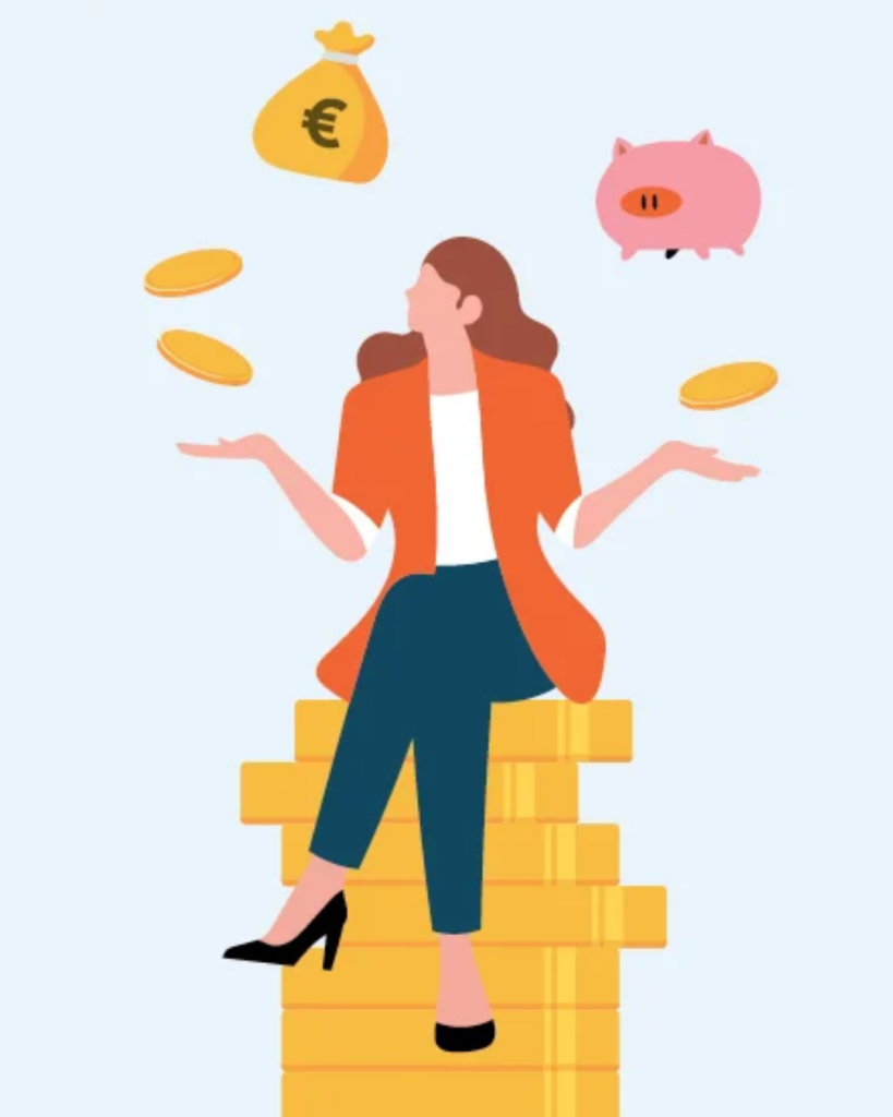 Illustratie van een persoon die financiële keuzes afweegt, met munten, een spaarvarken en een geldzak met euroteken.