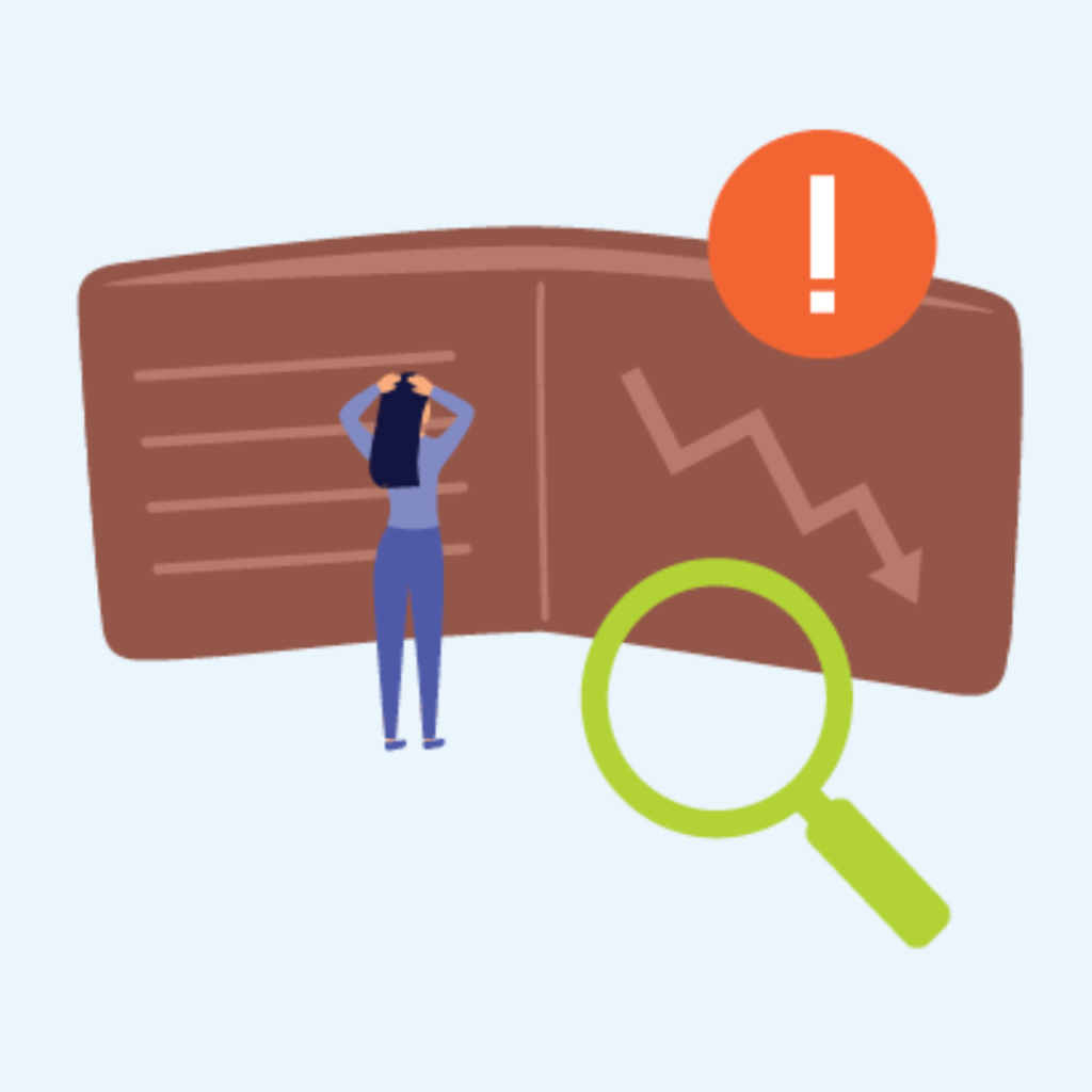 Illustratie van een persoon die financiële signalen onderzoekt met een vergrootglas.